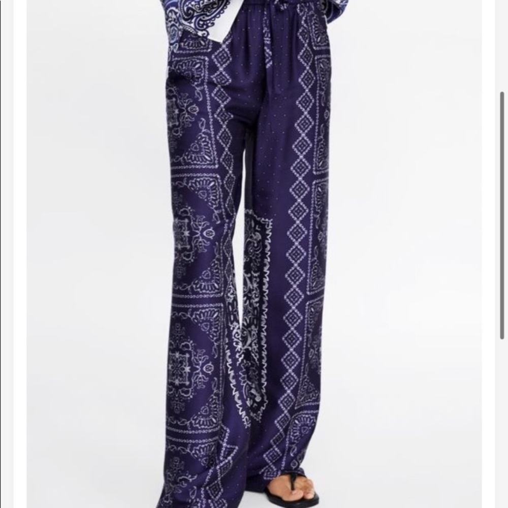Zara Navy Satin geometric print Pants